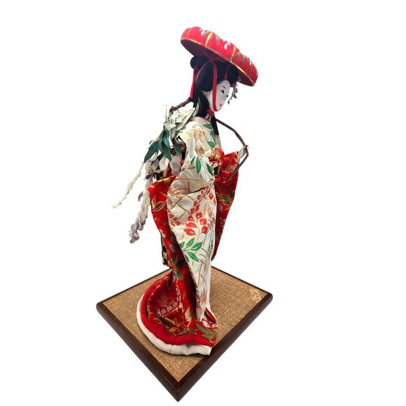Japanese Geisha Doll With Willow Branches In Traditional Kimono On Wooden Base J - Picture 9 of 14